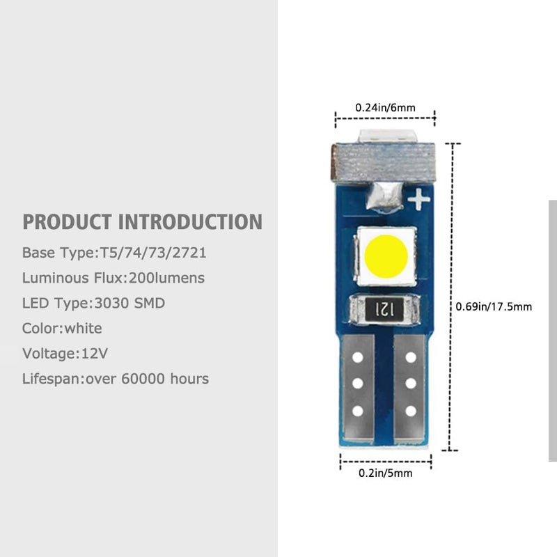 Nanpoku مصابيح LED Nanpoku T5 74 73 37 2721 لمصباح السيارة لوحة العدادات لوحة المؤشرات مصابيح لمبة (بيضاء) - Image 2
